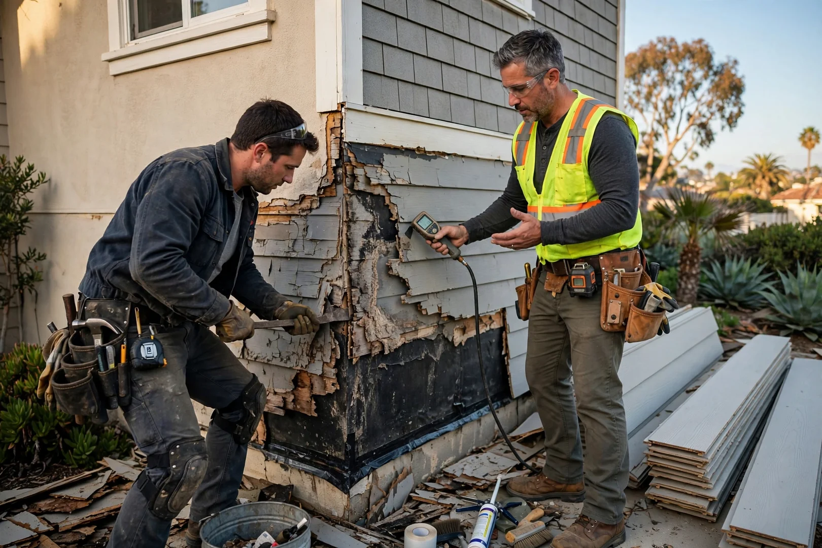 Technician checking siding seams and caulk joints on a Newport Beach home